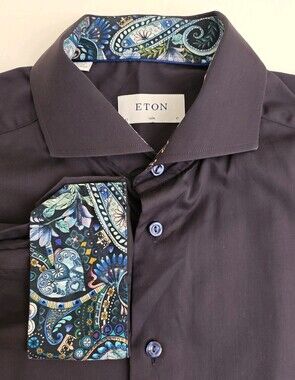 Eton Slim Mens Solid Dark Navy Long Sleeve Button Up Flip Cuff Dress Shirt 17-43